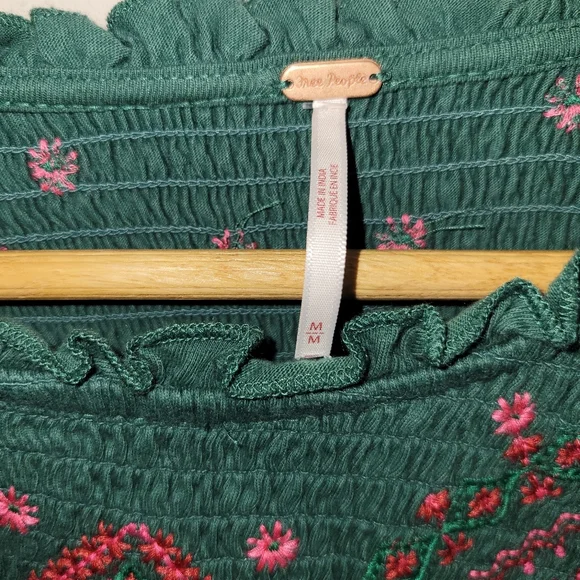 Free People Forest Green Blouse with Pink Embroidery size medium - Picture 3 of 5